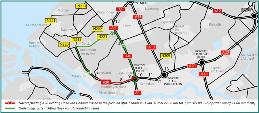 Bericht Nachtafsluiting A20 richting Hoek van Holland op 31 mei bekijken